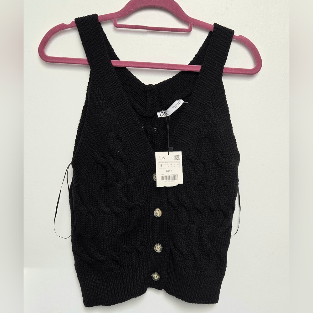 Zara Black Cable Knit SZ S/M Crochet  Button Down Sleeve Sweater Vest Blouse